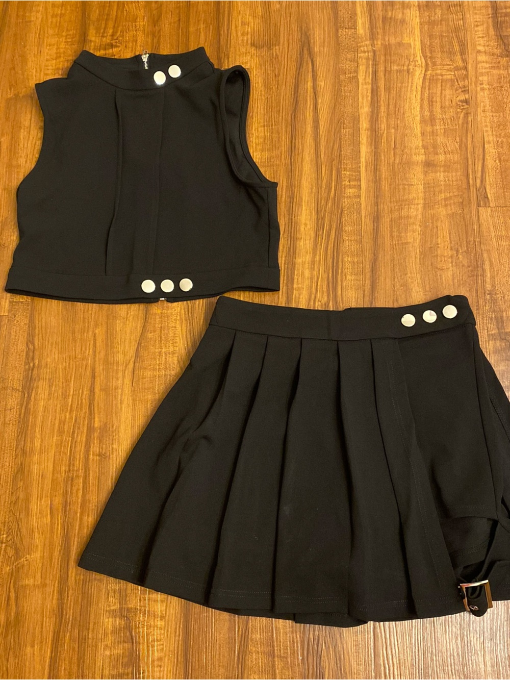 Black Two-Piece Pleated Skirt and Crop Top Set with White Buttons